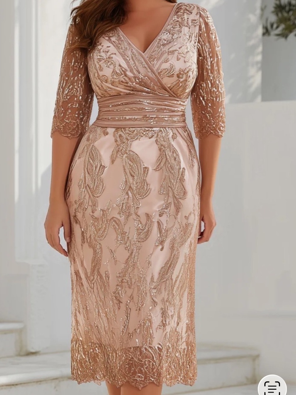 Elegant Blush and Gold Sequin Lace Sheath Dress